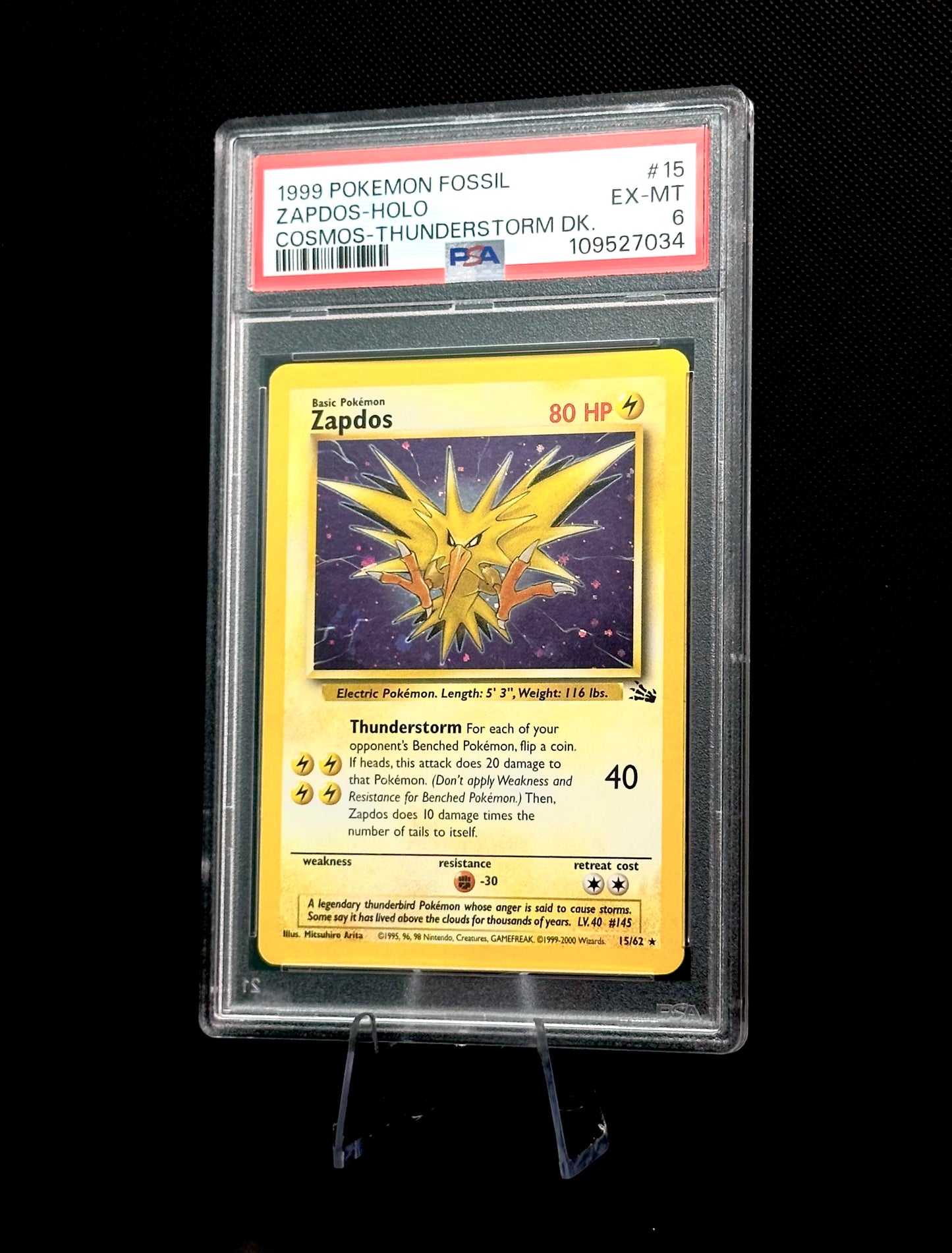 1999 POKEMON FOSSIL ZAPDOS HOLO #15 COSMOS THUNDERSTORM DECK PSA 6